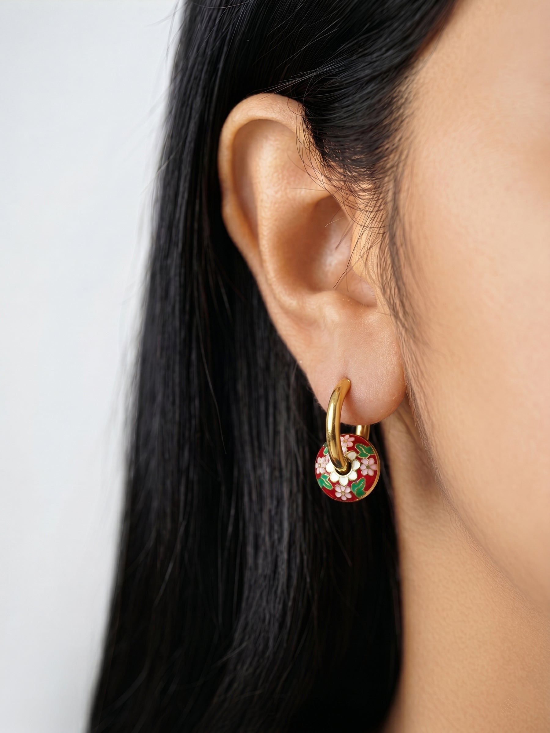 Lisette Meadow Floral Charm Drop 18K Gold Plated Women's Hoop Earrings
