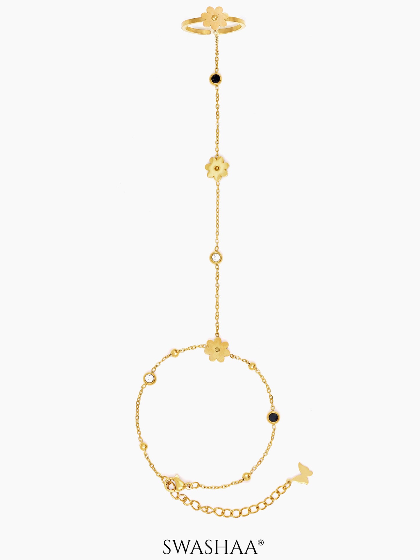 Liyana Elina Flower Butterfly  Diamond Charm Black White Enamel Beads Cable Chain 18K Gold Plated Ring Bracelet