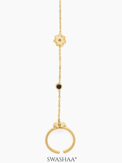 Liyana Elina Flower Butterfly  Diamond Charm Black White Enamel Beads Cable Chain 18K Gold Plated Ring Bracelet