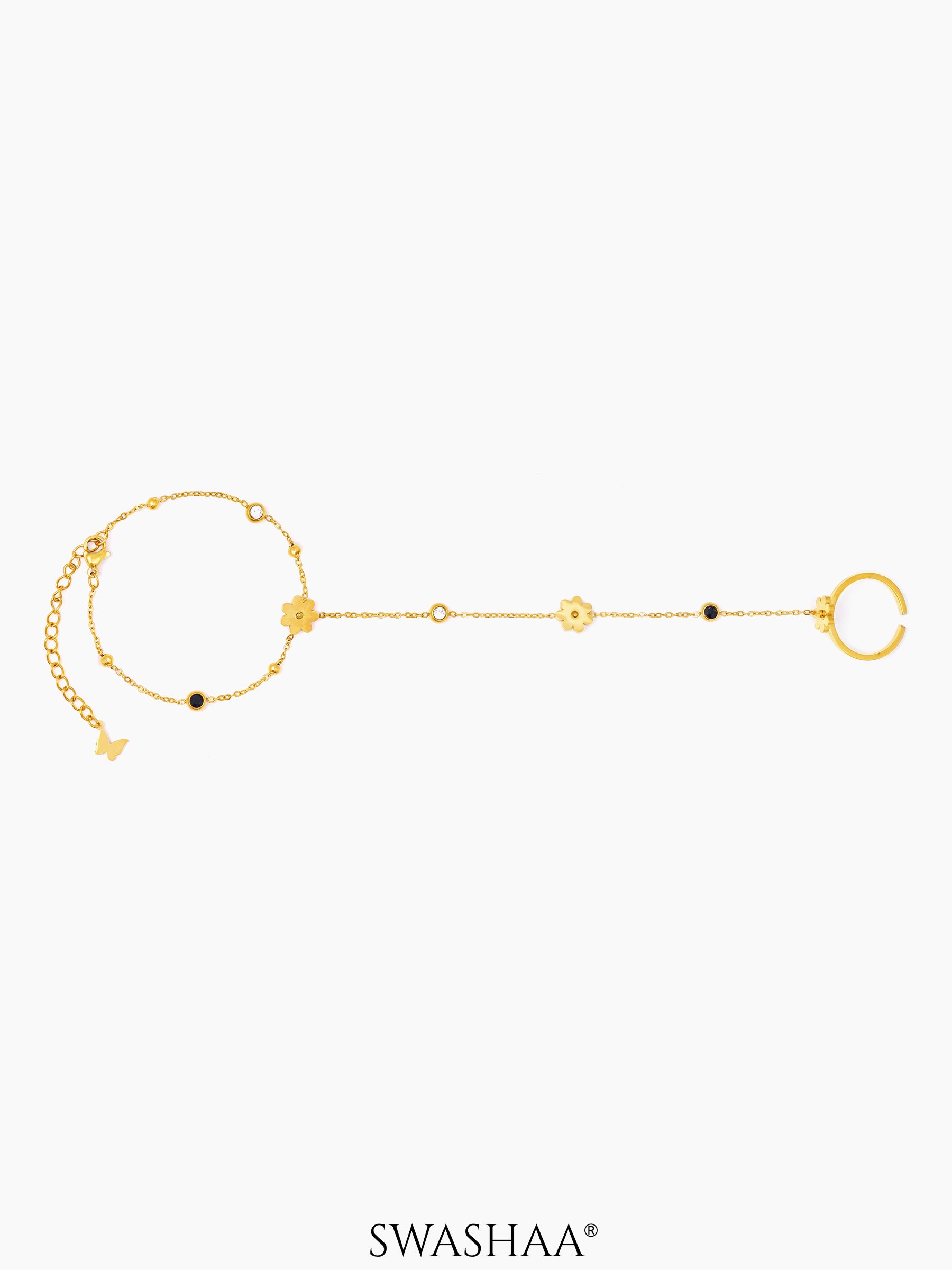Liyana Elina Flower Butterfly  Diamond Charm Black White Enamel Cable Chain 18K Gold Plated Ring Bracelet