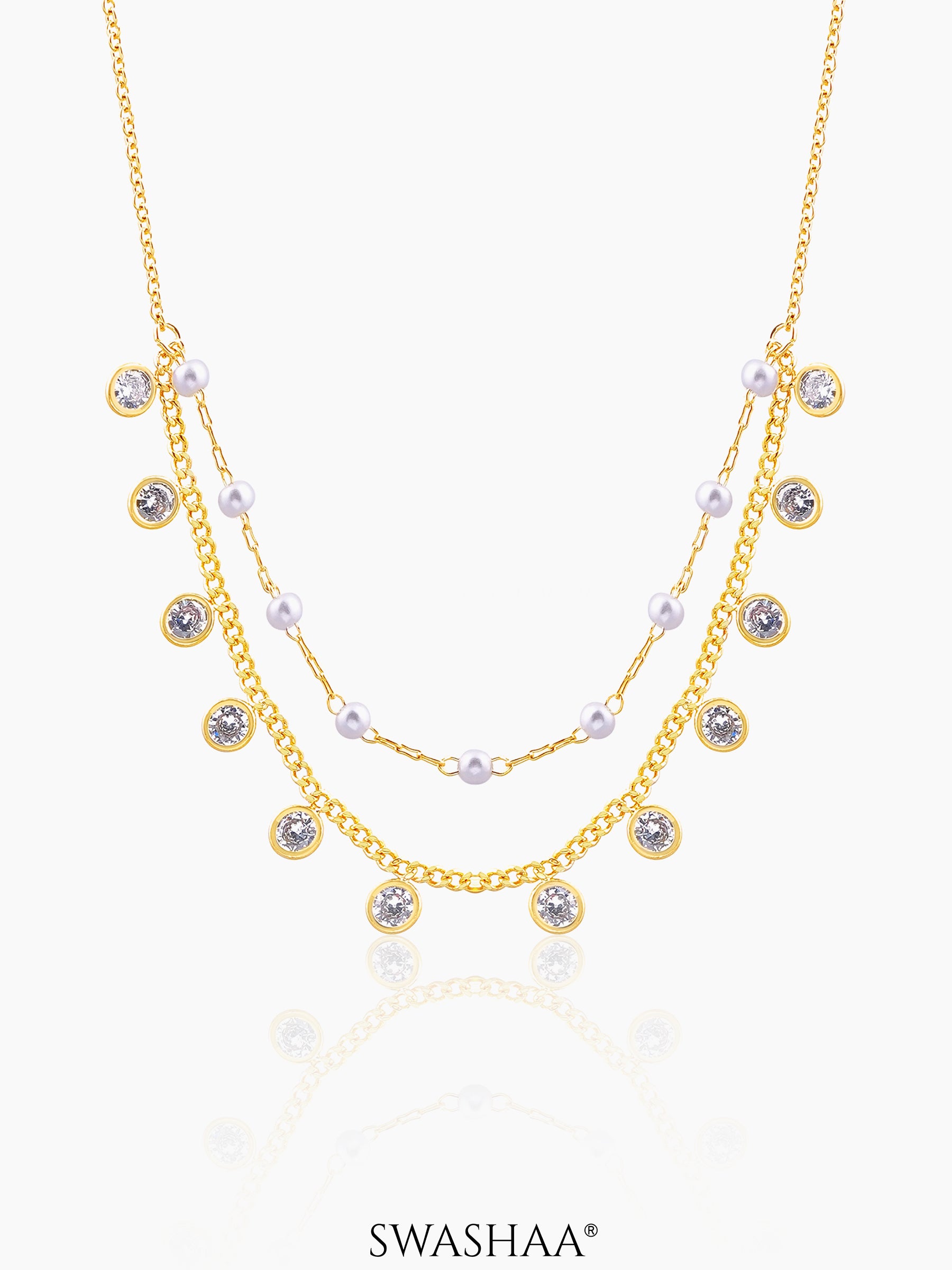 Liza Pearl Lariat Diamond Charms 18K Gold Plated Choker Layered Necklace