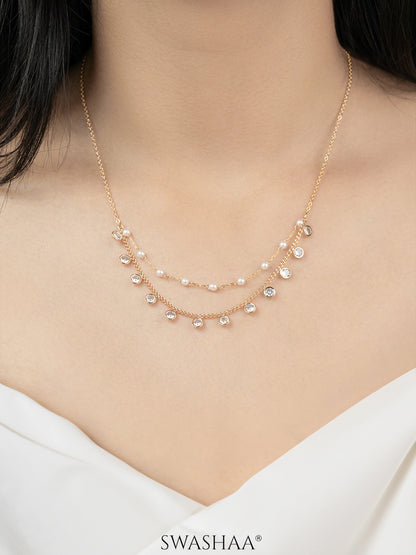 Liza Pearl Lariat Diamond Charms 18K Gold Plated Choker Layered Necklace