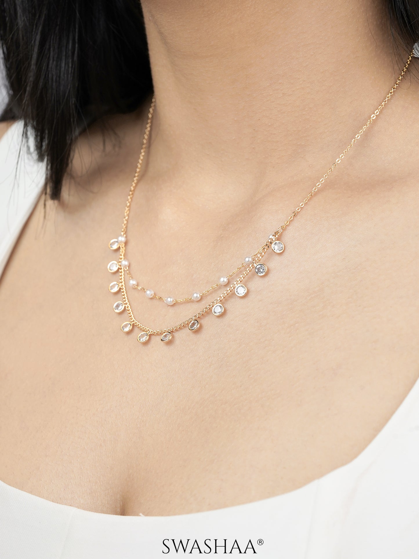 Liza Pearl Lariat Diamond Charms 18K Gold Plated Choker