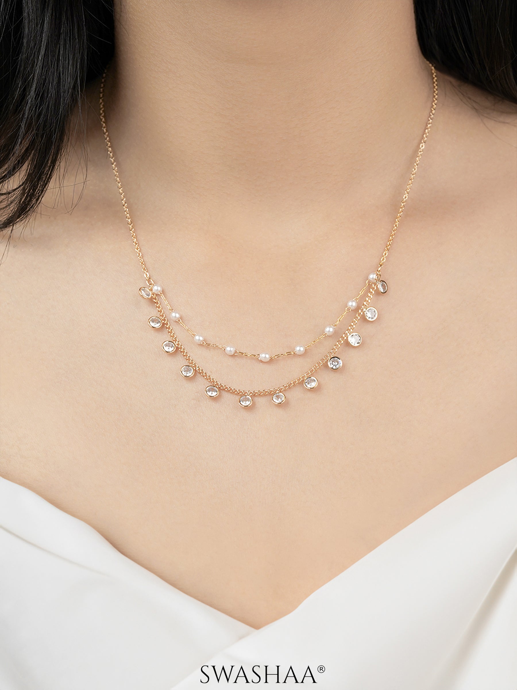 Liza Pearl Diamond 18K Gold Plated Layered Choker Necklace
