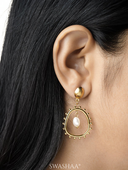 Loha Pearl Radiant Crescent Moon 18K Gold Plated Hollow Earrings