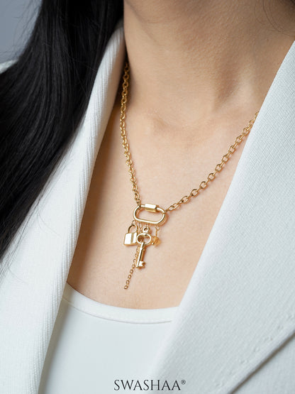 Loki Key-Lock Charm 18K Gold Plated Chain Pendant Necklace 