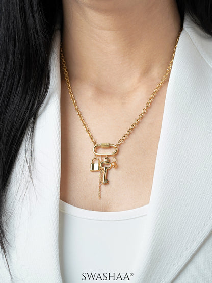 Loki Key-Lock Charm 18K Gold Plated Chain Pendant Necklace 