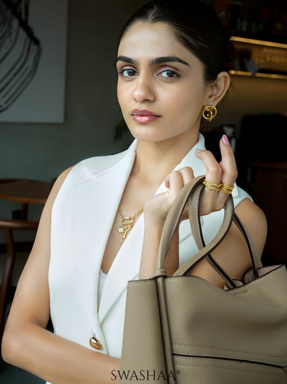 Loki Key-Lock Charm 18K Gold Plated Chain Pendant Necklace, Kai Doubled Layered Chain Link 18K Gold Plated Ring, Riviera Wavey Beaded Adjustable18K Gold Plated Ring, Romy Mordern Twist Circular 18K Gold Plated Dual Loop Earrings