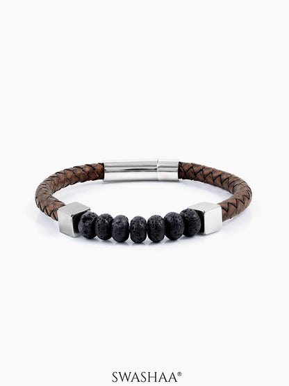 Lorel Black Beads Silver Cubes Brown Men's Leather Bracelet
