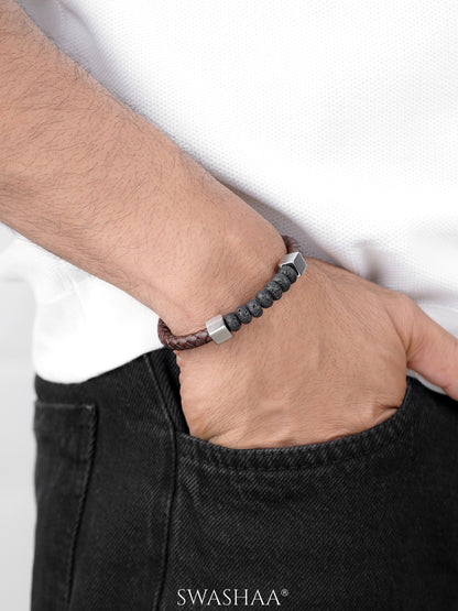 Lorel Black Beads Silver Cubes Brown Men's Leather Bracelet