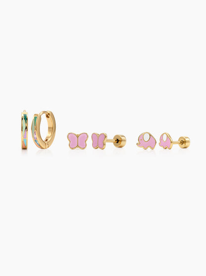 Lovey Pop Butterfly Elephant 18K Gold Plated Kid's Earring Set