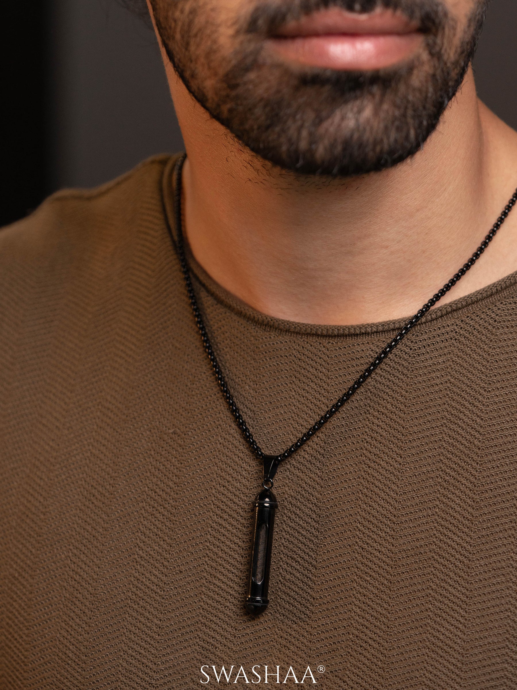 Luca Cylindrical Capsule Black Men's Chain Pendant