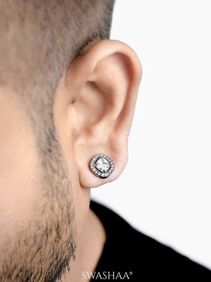 Lucent Cushion Solitaire Silver Men's Stud Earrings