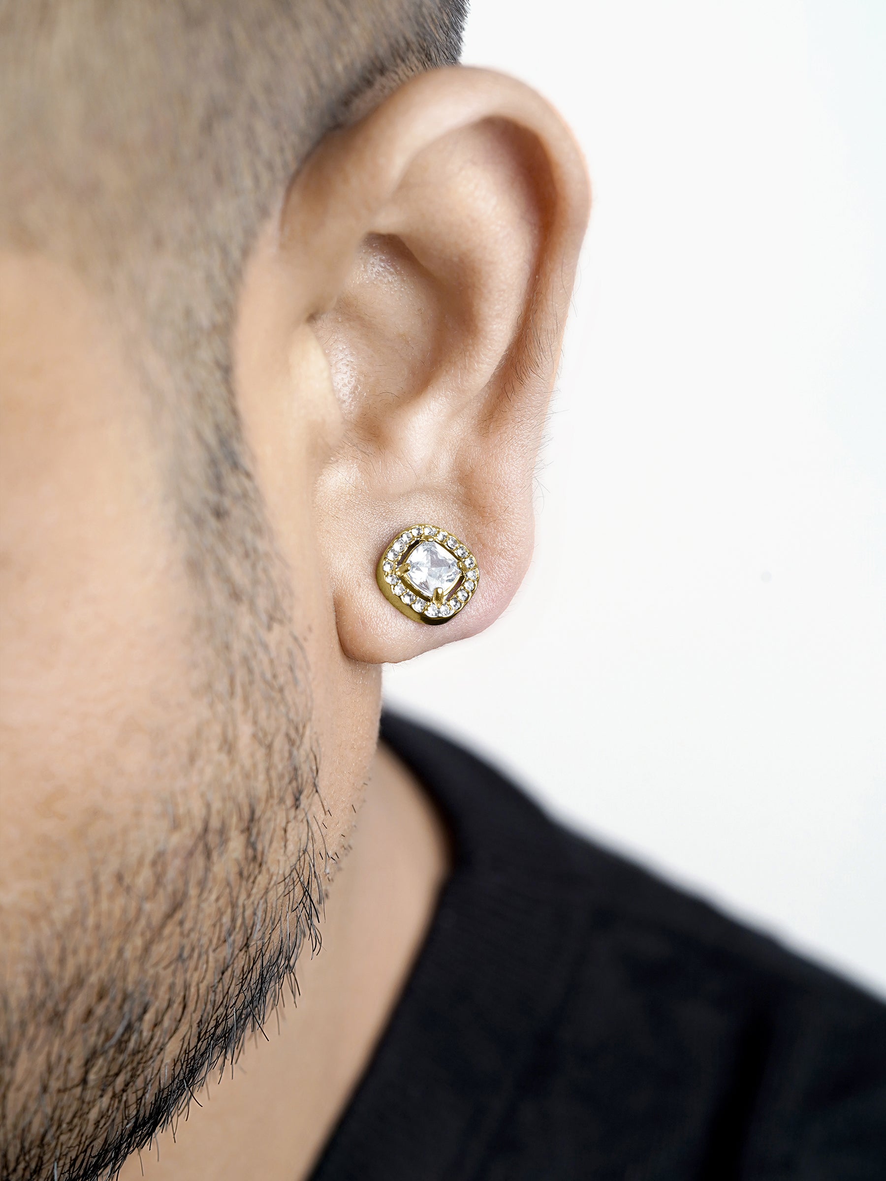 Lucent Cushion Solitaire 18K Gold Plated  Men's Stud Earrings
