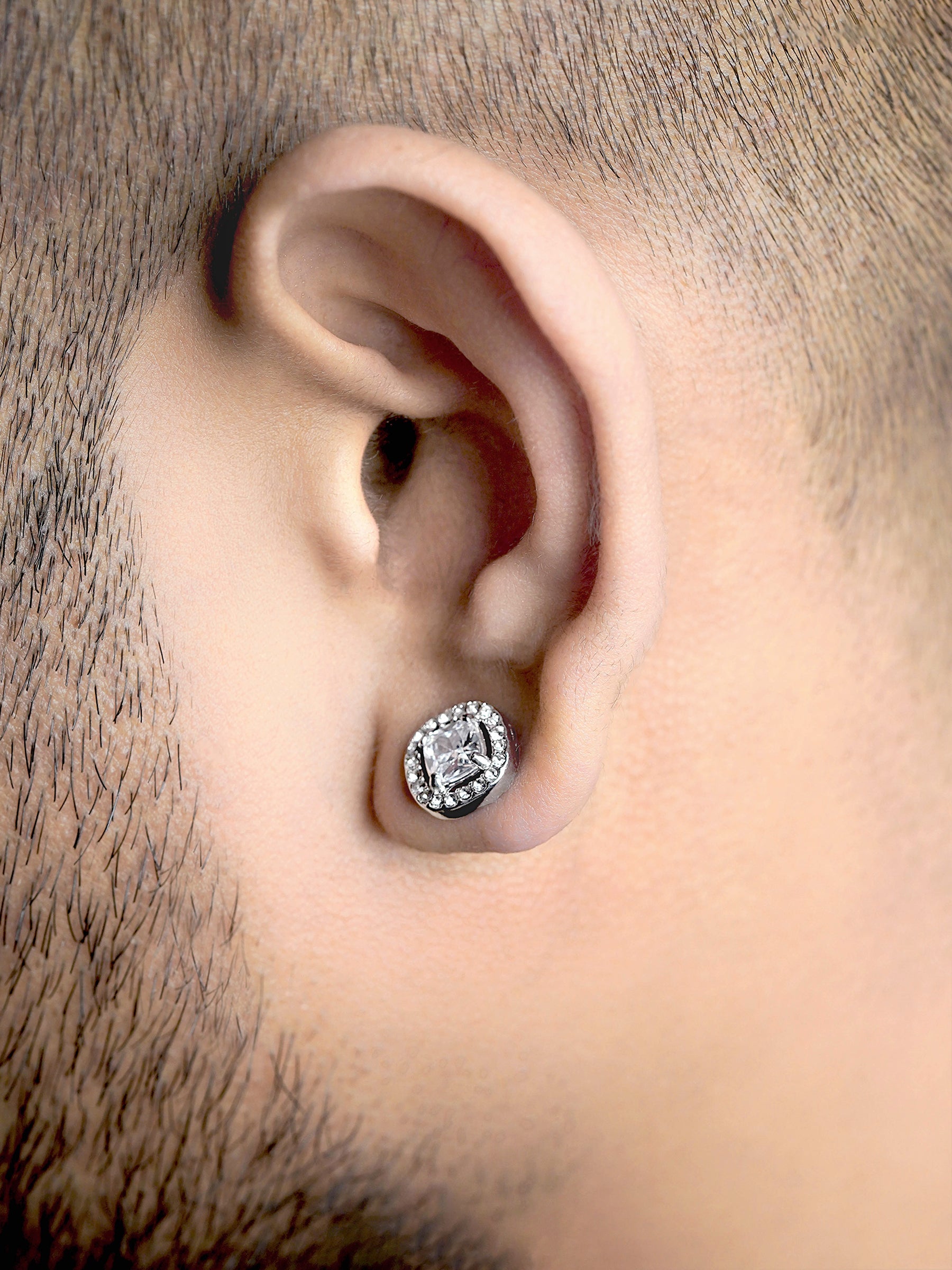 Lucent Cushion Solitaire Silver Men's Stud Earrings