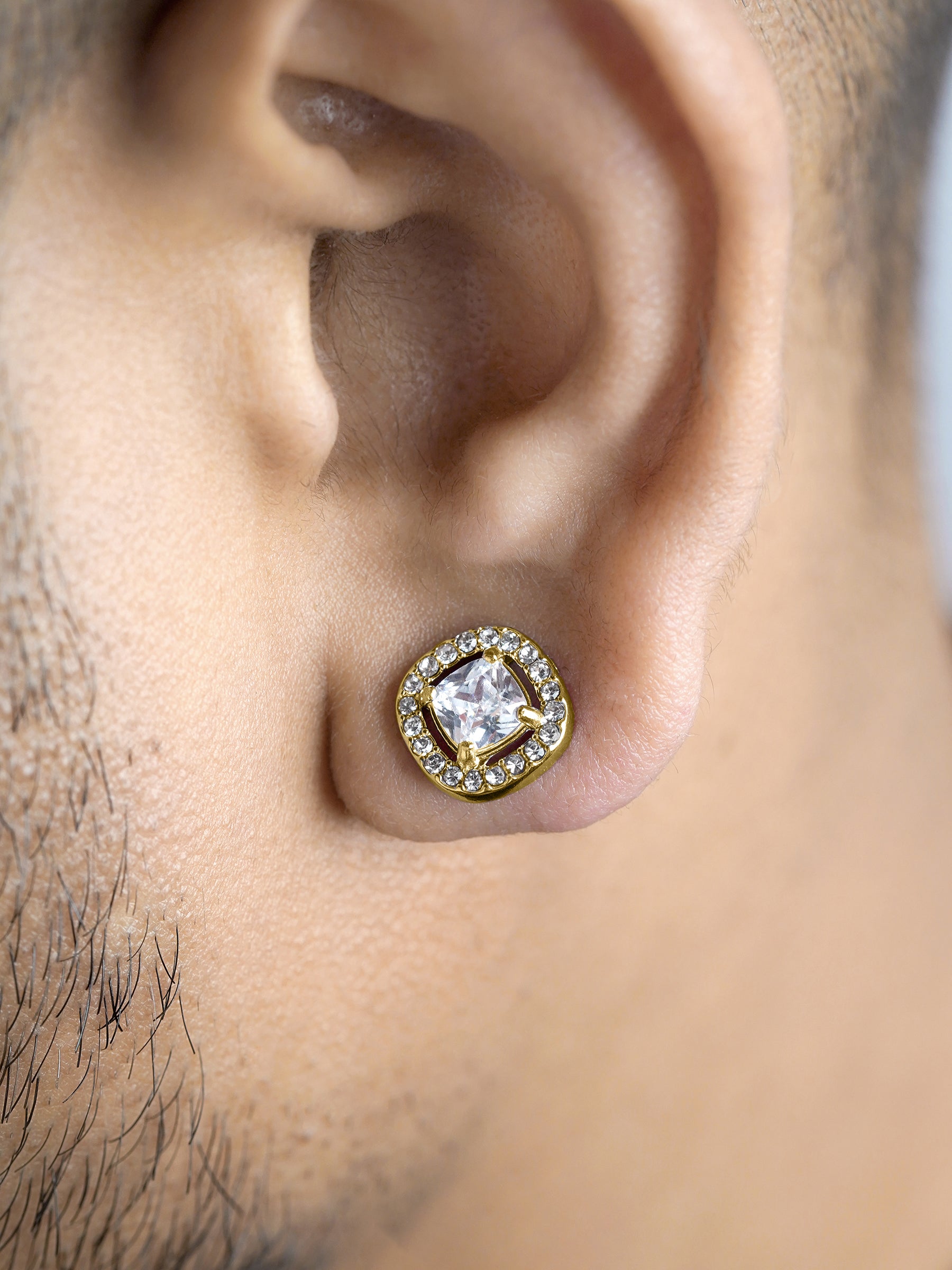 Lucent Cushion Solitaire 18K Gold Plated  Men's Stud Earrings
