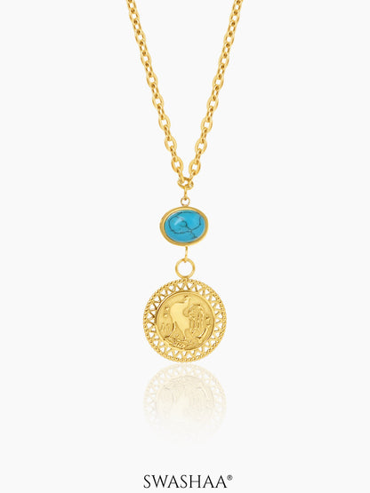 Luck Turquoise Oval Coin Charm 18K Gold Plated Chain Pendant Necklace 