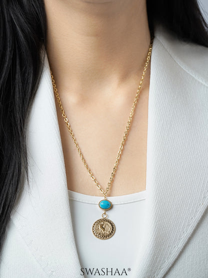 Luck Turquoise Oval Coin Charm 18K Gold Plated Chain Pendant Necklace 