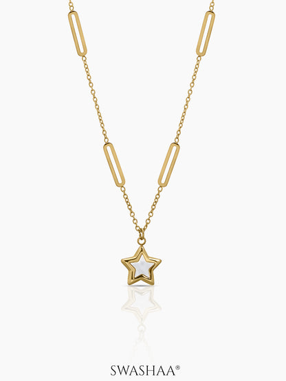 Lucy Celeste Star-Shaped Pendant With A Smooth White Inlay 18K Gold Plated Chain Pendant