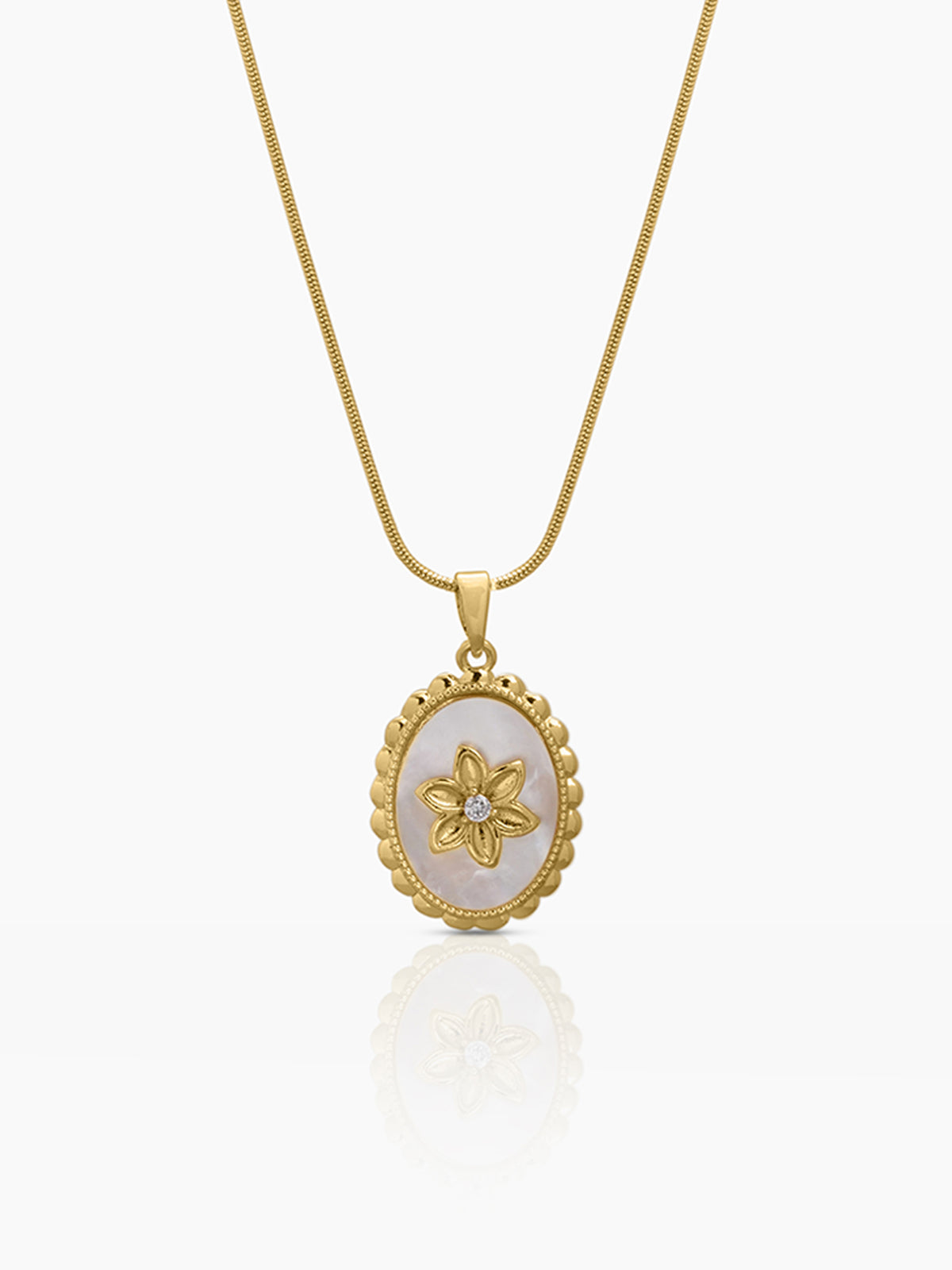 Lunara Pearl White Oval Inlay, Beaded Border Detailing And a Raised Floral 18K Gold Plated Women's Necklace