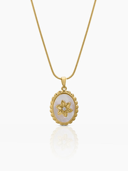 Lunara Pearl White Oval Inlay, Beaded Border Detailing And a Raised Floral 18K Gold Plated Women's Necklace
