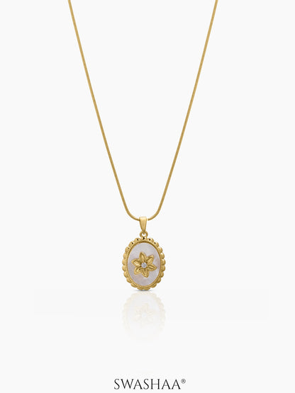 Lunara Pearl White Oval Inlay, Beaded Border Detailing And a Raised Floral 18K Gold Plated Women's Necklace