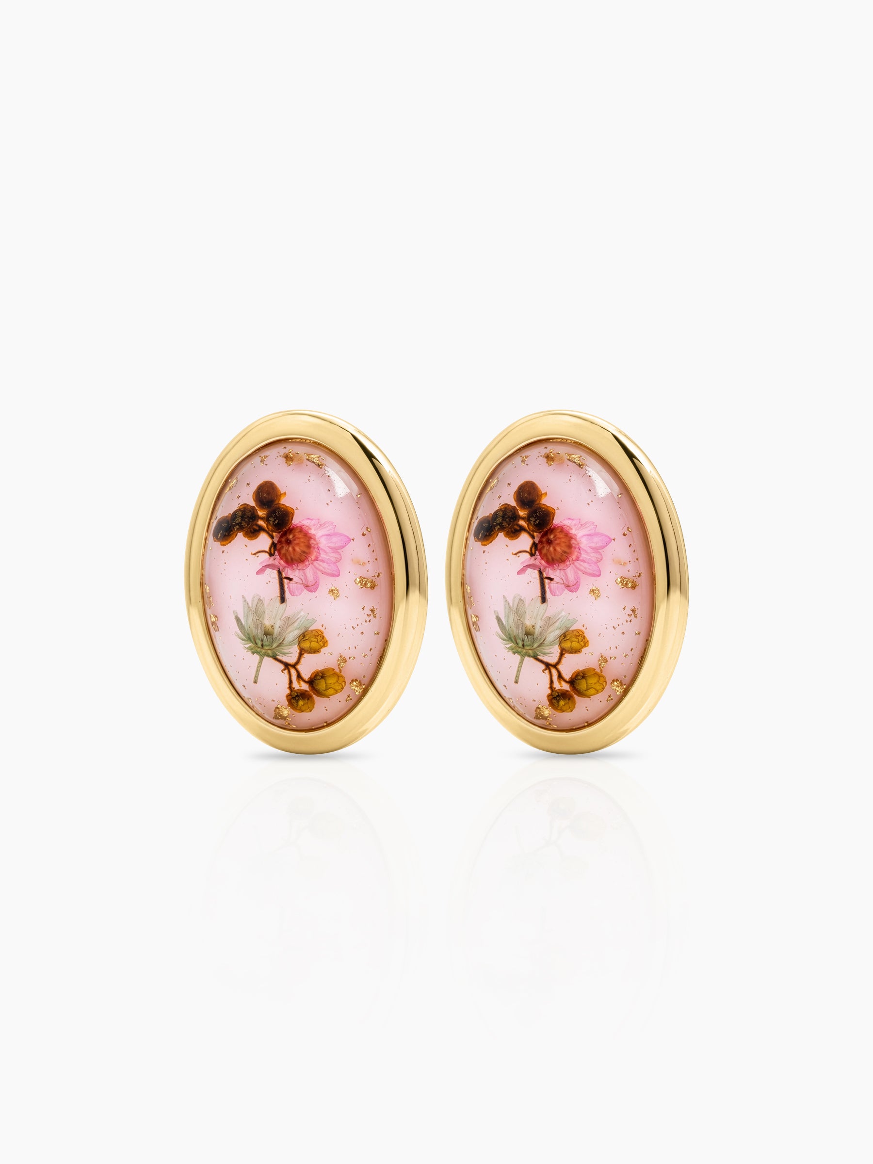 Lunette Pink Oval Resin Floral 18K Gold Plated Women's Stud Earrings