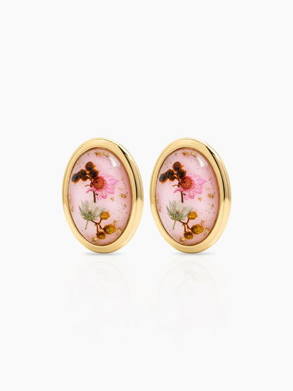 Lunette Pink Oval Resin Floral 18K Gold Plated Women's Stud Earrings