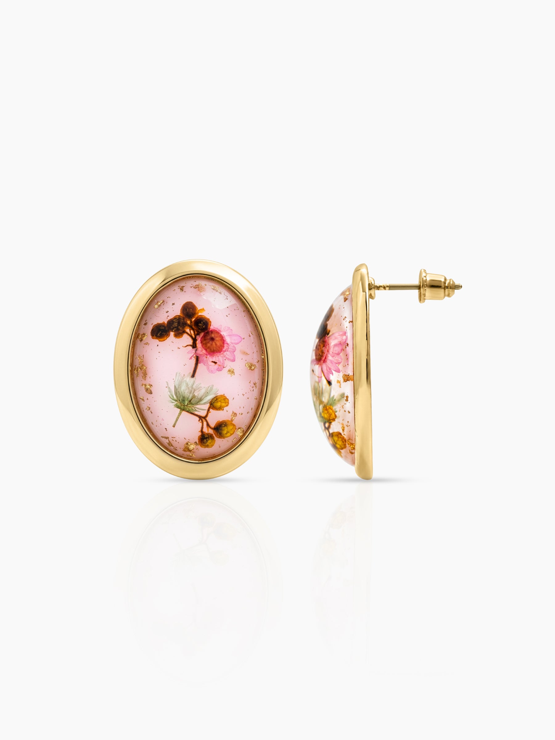 Lunette Pink Oval Resin Floral 18K Gold Plated Women's Stud Earrings