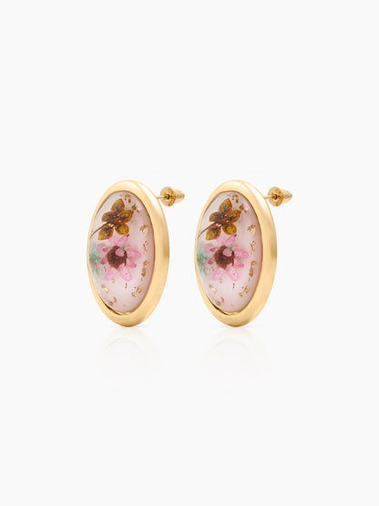 Lunette Pink Oval Resin Floral 18K Gold Plated Women's Stud Earrings
