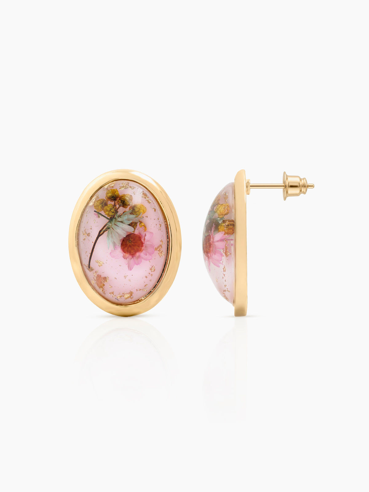 Lunette Pink Oval Resin Floral 18K Gold Plated Women's Stud Earrings