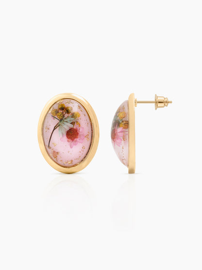 Lunette Pink Oval Resin Floral 18K Gold Plated Women's Stud Earrings