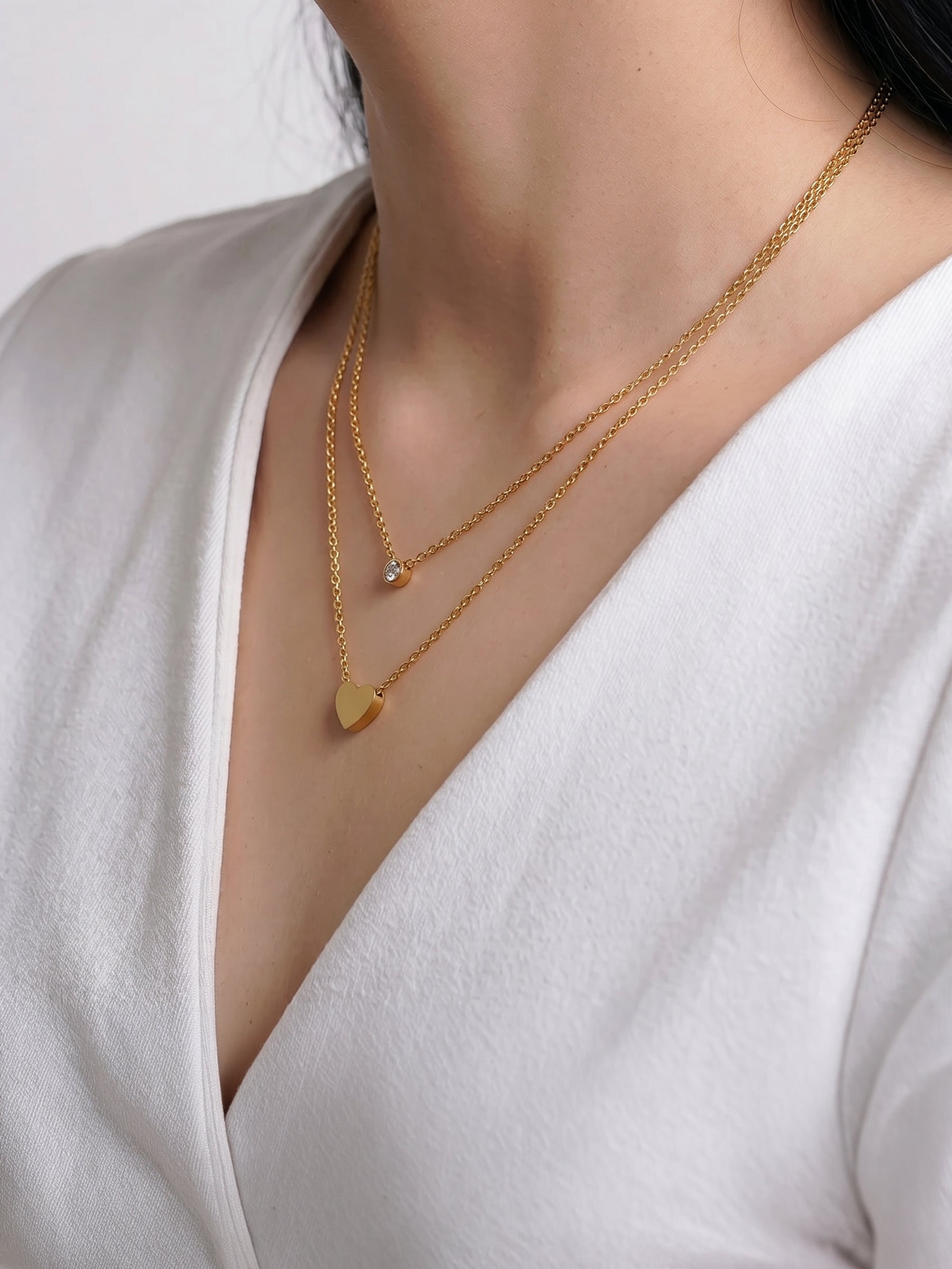 Lureva Diamond Solitaire Heart Charm 18K Gold Plated Layered Chain Pendant Necklace