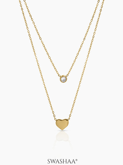Lureva Diamond Solitaire Heart Charm 18K Gold Plated Layered Chain Pendant Necklace