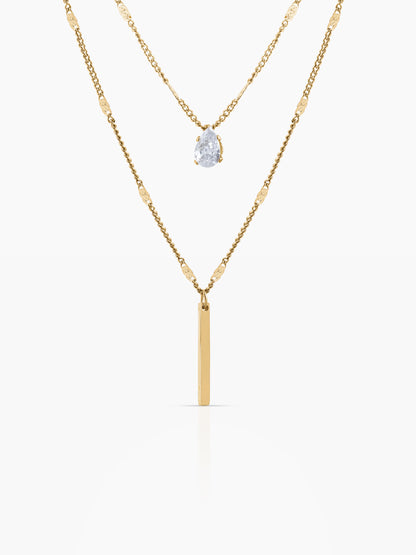 Lynna Bar Teardrop Crystal Charm Layered 18K Gold Plated  Chain Pendant Necklace