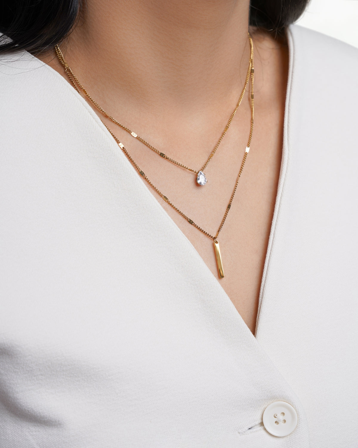 Lynna Bar Teardrop Crystal Charm Layered 18K Gold Plated  Chain Pendant Necklace