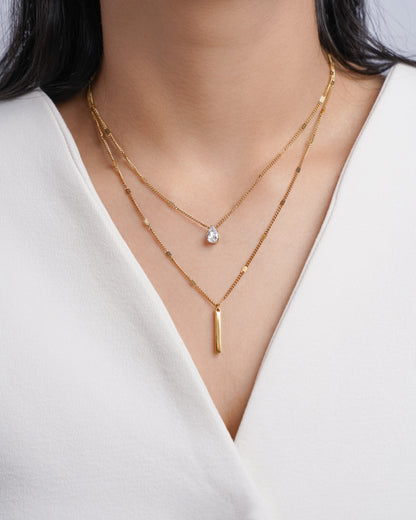 Lynna Bar Teardrop Crystal Charm Layered 18K Gold Plated  Chain Pendant Necklace