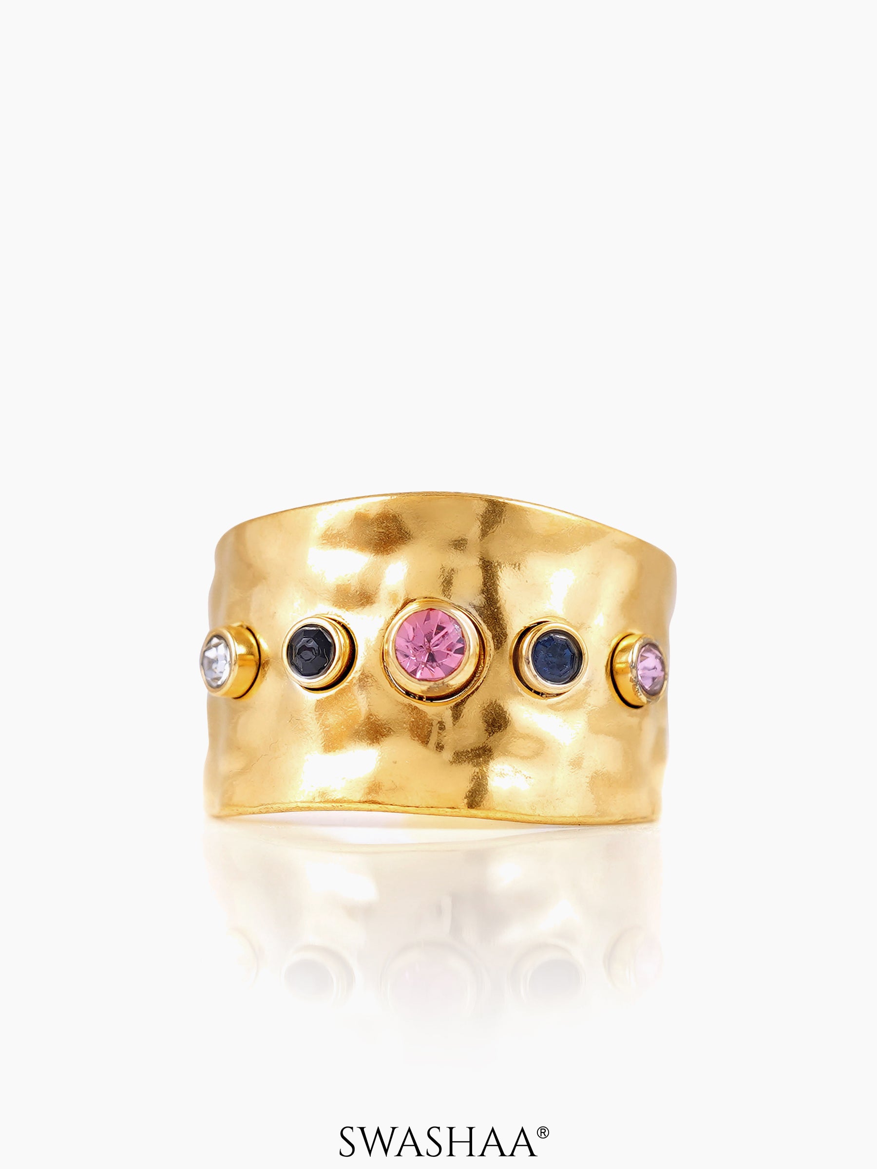 Lyra Hammered Texture Multi Colored Gemstones 18K Gold Plated Rings