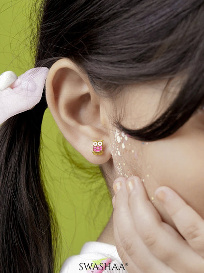 Mac Owl Charm 18K Gold Plated Kid's Stud Earrings