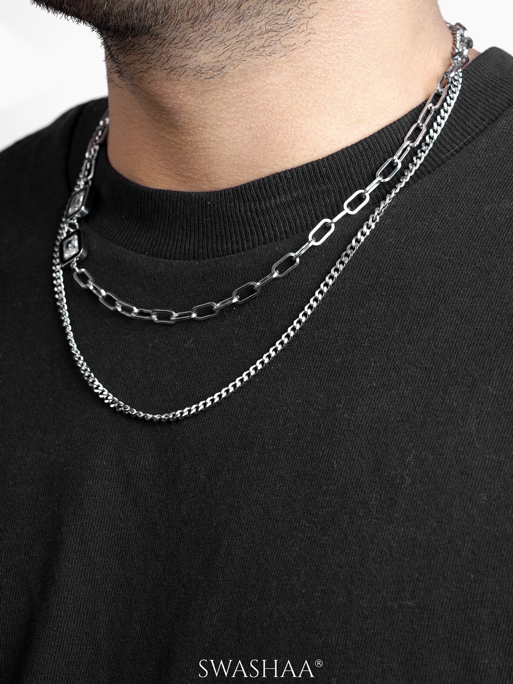 Maelin Solitaire Clip Layered Men's Silver Chain