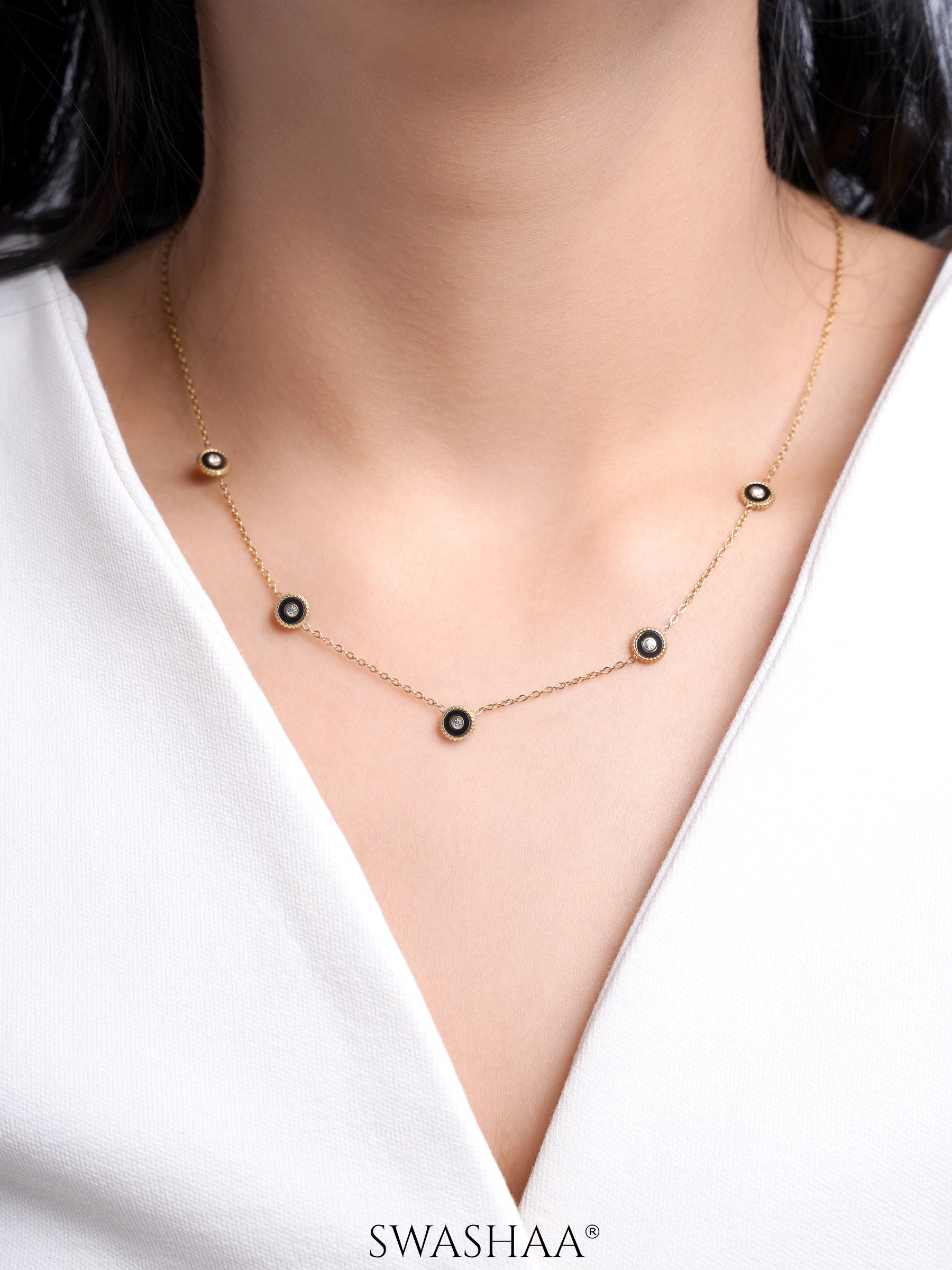Maelis Black Enamel Charms 18K Gold Plated Necklace