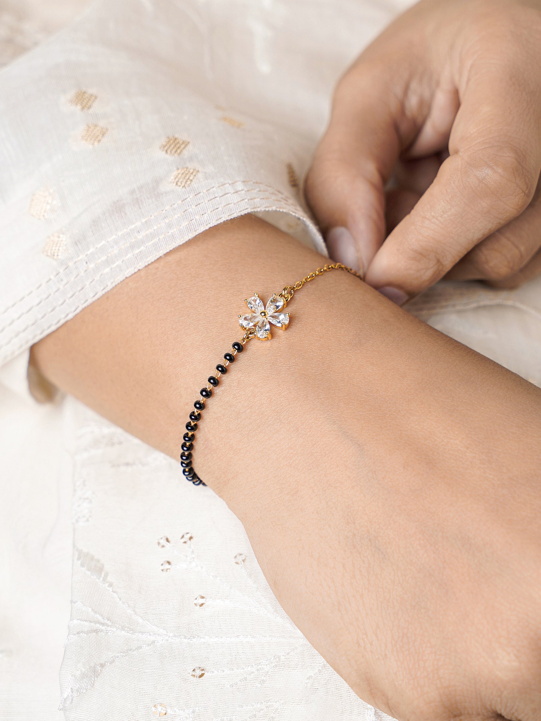 Meher Flower Diamond Charms 18K Gold Plated Mangalsutra Bracelet
