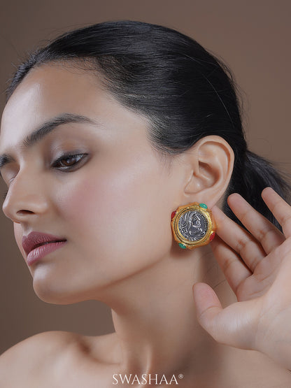 Maia Coin Face Multicolor 18K Gold Plated Stud Earrings