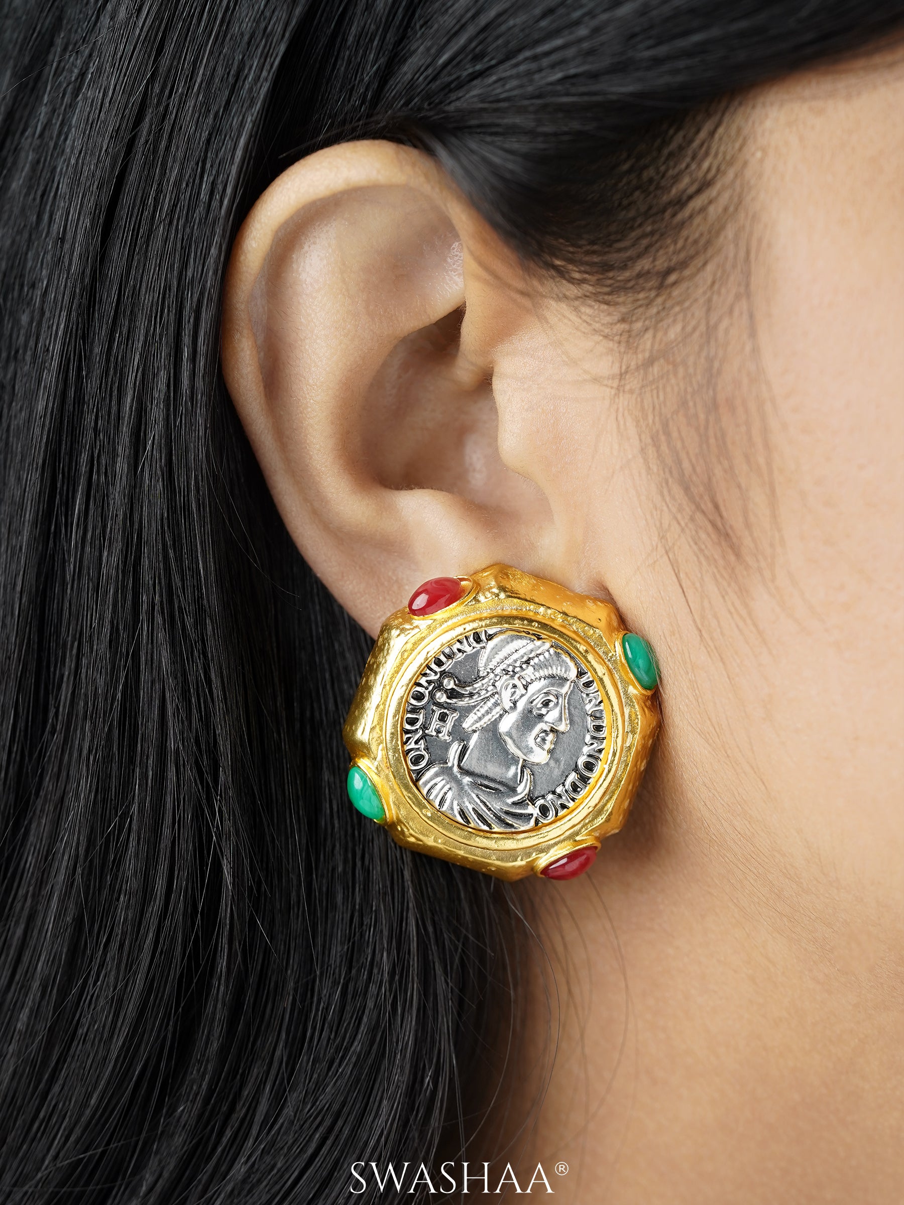 Maia Coin Face Multicolor 18K Gold Plated Stud Earrings