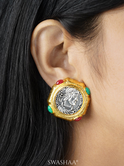 Maia Coin Face Multicolor 18K Gold Plated Stud Earrings