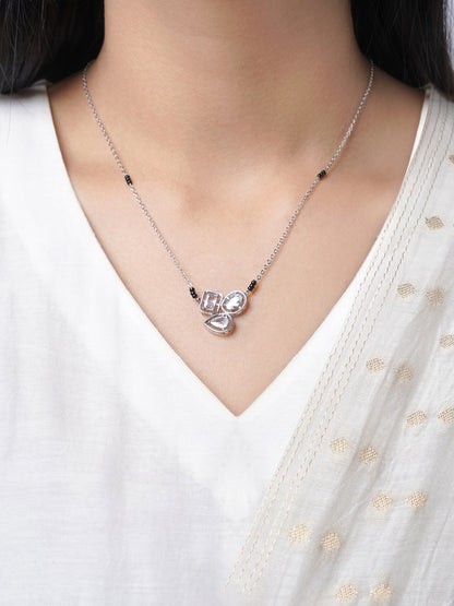 Malti Crystal Cut Diamond Pear Emerald Round Solitaire Silver Mangalsutra
