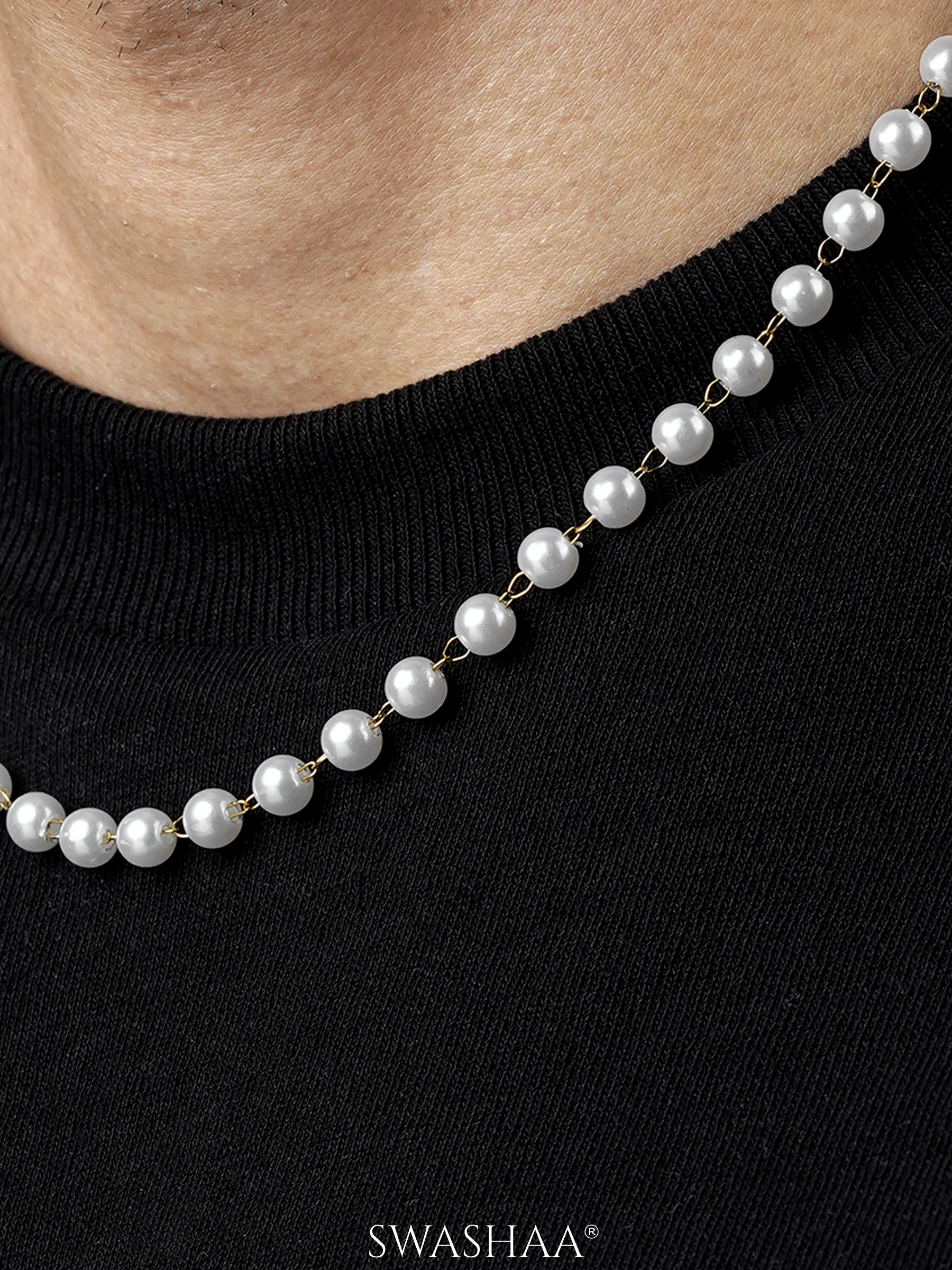 Manarch White Pearls 18K Gold Plated Men's Necklace Chain