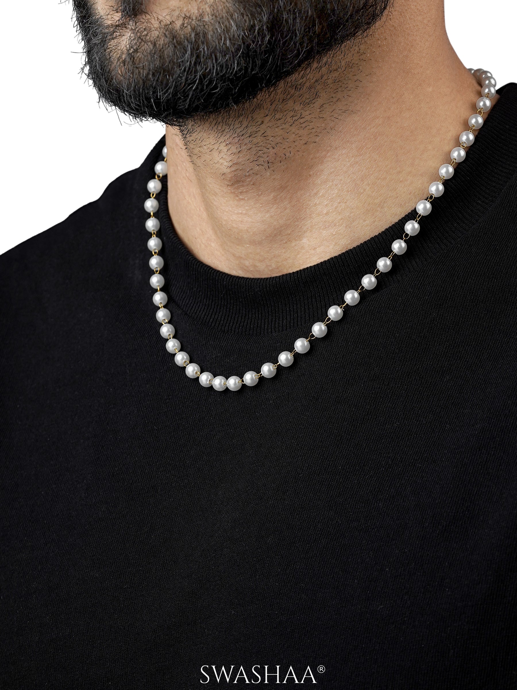 Manarch White Pearls 18K Gold Plated Men's Necklace Chain