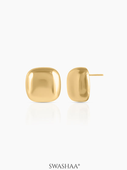 Maple Glossy Square Dome Shaped 18K Gold Plated Stud Earrings