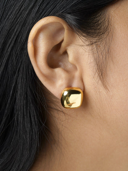 Maple Glossy Square Dome Shaped 18K Gold Plated Stud Earrings